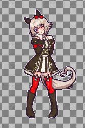  1girl :p absurdres animal_ears arm_behind_back art_(rtrunl) bare_shoulders black_boots black_dress boots border bow checkered_background commentary curren_chan_(fille_eclair)_(umamusume) curren_chan_(umamusume) dress ear_bow ear_covers english_commentary fake_transparency full_body gloves grey_hair head_tilt highres horse_ears horse_girl horse_tail knee_boots long_sleeves one_eye_closed pixel_art red_bow red_thighhighs short_hair solo standing striped_clothes striped_dress tail thigh-highs tongue tongue_out umamusume white_border white_gloves 