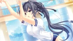  1girl arms_up basket black_eyes black_hair blue_buruma buruma da_capo da_capo_v day dutch_angle floating_hair from_side game_asset gym_uniform highres kisaragi_yuu_(kisaragiyu) non-web_source official_art school_gym shirt short_sleeves standing tokisaka_yukina v-neck visual_novel_cg white_shirt 