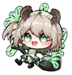  1girl :d absurdres animal_ears apron black_shoes brown_hair chibi commentary dress english_commentary green_dress green_eyes hair_between_eyes hat highres indie_virtual_youtuber looking_at_viewer ma_draws nimi_nightmare nimi_nightmare_(1st_costume) nurse_cap open_mouth shoes smile smoking_pipe solo tapir_ears tapir_girl virtual_youtuber white_apron white_background 