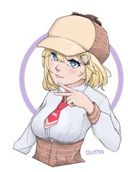  1girl absurdres artist_name blonde_hair blue_eyes blush breasts brown_hat commentary cropped_torso english_commentary eyelashes hair_between_eyes hair_ornament hat highres hololive hololive_english lips long_sleeves necktie red_necktie shirt short_hair short_necktie simple_background smile solo v virtual_youtuber watson_amelia watson_amelia_(1st_costume) white_background white_shirt xc_ouma 