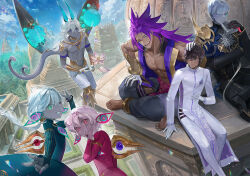  1girl 4boys 5boys 6+boys abs arjuna_(fate) arjuna_alter_(fate) armor bare_pectorals barefoot bhima_(fate) bird black_hair blue_eyes blue_skin boy_vajra_(fate) brown_hair colored_sclera colored_skin commentary_request daeraeband dark-skinned_male dark_skin fate/grand_order fate_(series) flower girl_vajra_(fate) gloves grey_skin grin hair_between_eyes hand_on_another's_head holding holding_flower horns indian_architecture indra_(fate) long_hair looking_at_viewer male_focus multiple_boys muscular muscular_male one_eye_closed open_mouth outdoors pants pectorals ponytail purple_hair red_eyes short_hair siblings sitting smile tail violet_eyes white_gloves white_hair white_pants white_skin wings 