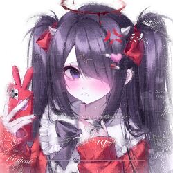  1girl aegyo_sal alternate_costume ame-chan_(needy_girl_overdose) anger_vein black_bow black_bowtie black_hair black_nails blood blood_halo blush bow bowtie buttons cardigan cellphone chinese_commentary claw_ring closed_mouth collared_shirt commentary_request earrings face_piercing fingernails frilled_shirt_collar frills frown hair_bow hair_ornament hair_over_one_eye halo heart heart_button heart_hair_ornament highres holding holding_phone horns jewelry labret_piercing liquid_halo long_fingernails long_hair long_sleeves looking_at_viewer multicolored_nails needy_girl_overdose one_eye_covered phone piercing pill_hair_ornament qi_de_sanci_fang red_bow red_cardigan red_halo red_nails shirt simple_background sleeves_past_wrists smartphone solo stud_earrings too_many_watermarks two-tone_nails two_side_up variant_set violet_eyes watermark white_background white_horns white_shirt 