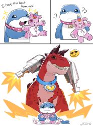  2boys ? ?? absurdres artist_name character_name claws closed_mouth collar devil_dinosaur dinosaur fangs grin gun heart_pendant highres holding holding_stuffed_toy horns jeff_the_land_shark jioshu marvel marvel_rivals moon_girl_and_devil_dinosaur multiple_boys name_tag open_mouth shark smile sparkle stuffed_animal stuffed_toy sweat weapon white_background 