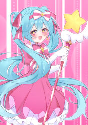  1girl absurdres aqua_eyes aqua_hair blush bow commentary_request dress gloves hair_between_eyes hair_bow hair_ornament hair_ribbon hatsune_miku highres holding holding_wand ima_sugu_rinne_(vocaloid) long_hair looking_at_viewer magical_girl open_mouth pink_dress pink_ribbon puffy_short_sleeves puffy_sleeves ribbon ryaru_ryaru short_sleeves smile solo star-shaped_pupils star_(symbol) symbol-shaped_pupils twintails very_long_hair vocaloid wand white_gloves 