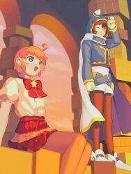 2girls blue_eyes blush_stickers breasts cape commentary dress gloves hat highres humanization kanafumi_(spindle) kirby kirby's_return_to_dream_land kirby_(series) looking_at_viewer magolor multiple_girls open_mouth smile untranslatable_commentary white_background yellow_eyes 
