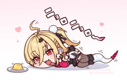  1girl ahoge bare_shoulders blonde_hair blush brown_thighhighs chalky_(zenless_zone_zero) cissia_(zenless_zone_zero) detached_sleeves earrings food hair_between_eyes hair_ornament hairclip haruneharu heart jewelry long_hair lying open_mouth pom_pom_(clothes) pom_pom_hair_ornament pudding red_eyes snake snake_earrings snake_girl snake_tail solo tail thigh-highs tongue tongue_out white_snake zenless_zone_zero 