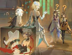  5girls ? asymmetrical_sidelocks bare_shoulders black_collar black_dress black_gloves black_hair black_pantyhose black_ribbon black_scarf black_sleeves blonde_hair blue_eyes blue_trim blunt_ends blush bonnet bow box braid braided_base braided_bun breasts brown_hair bun_with_braided_base chiori_(genshin_impact) choker closed_eyes closed_mouth collar columbina_(genshin_impact) crystal_hair_ornament detached_sleeves diamond_hair_ornament dress drill_hair drill_ponytail english_commentary feather_hair_ornament feathers flower genshin_impact gloves gradient_hair grey_kimono hair_between_eyes hair_bun hair_flower hair_ornament hair_ribbon hair_stick halo haori head_wings headdress heel-less_heels highres in_box in_container invisible_shoes japanese_clothes kimono long_hair long_sidelocks long_sleeves lumine_(genshin_impact) mechanical_halo multicolored_flower multicolored_hair multiple_girls multiple_wings musical_note nervous nervous_smile nervous_sweating open_mouth paimon_(genshin_impact) pantyhose partially_fingerless_gloves purple_hair purple_streaks red_eyes red_ribbon red_sash ribbon ribbon_choker romper sandrone_(genshin_impact) sash scarf short_hair short_hair_with_long_locks short_kimono sidelocks sitting skirt smile streaked_hair sweat sweatdrop two-tone_hair two-tone_legwear very_long_hair viviwi white_dress white_flower white_hair white_headdress white_ribbon white_romper white_scarf white_wings winding_key wing_hair_ornament wings wrist_bow yellow_kimono yellow_skirt 