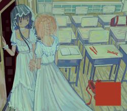  2girls absurdres akemi_homura armlet backpack bag belt_collar black_hair blush bracelet bridal_veil classroom collar dress frills glasses highres jewelry kaname_madoka long_hair looking_at_another mahou_shoujo_madoka_magica mahou_shoujo_madoka_magica_(anime) morinokunika multiple_girls notebook pen pink_hair puffy_sleeves red-framed_eyewear red_bag shoes short_hair short_sleeves short_twintails skirt twintails veil wedding_dress yuri 