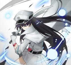  1girl bambietta_basterbine belt black_belt black_hair bleach bleach:_sennen_kessen-hen buckle cape commentary cowboy_shot deadman70232800 dutch_angle fighting_stance floating_cape floating_hair gloves hair_between_eyes hand_up hat heart heart-shaped_buckle highres holding holding_sword holding_weapon jacket light_particles long_hair long_sleeves looking_at_viewer military_hat military_uniform miniskirt parted_lips peaked_cap pleated_skirt simple_background skirt smile solo sword v-shaped_eyebrows very_long_hair violet_eyes weapon white_background white_cape white_gloves white_hat white_jacket white_skirt 
