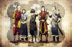  2girls 3boys aang animal armor arrow_(symbol) arrow_tattoo avatar_legends bald barefoot beard black_hair blind blue_tattoo burn_scar coat cropped dark-skinned_female dark-skinned_male dark_skin facial_hair forehead_tattoo full_body fur-trimmed_coat fur-trimmed_pants fur-trimmed_skirt fur_trim green_hairband hair_between_eyes hair_bun hairband head_tattoo highres joaquim_dos_santos katara lemur lemur_ears lemur_tail long_hair map map_background momo_(avatar) monk multiple_boys multiple_girls official_art pants promotional_art scabbard scar scar_on_face sheath sheathed single_hair_bun skirt smile sokka sword tattoo the_legend_of_korra third-party_source toph_beifong weapon zuko 