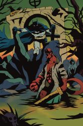  2boys balding bat_mask batman batman_(series) batman_symbol belt black_cape bodysuit broken_horns cape colored_skin commentary dc_comics demon_boy grey_bodysuit hellboy hellboy_(comic) highres male_focus maxpinelliart multicolored_bodysuit multicolored_suit multiple_boys red_skin superhero_costume taut_bodysuit taut_clothes two-tone_bodysuit two-tone_suit utility_belt 