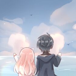  1boy 1girl aeon_(shining_nikki) animal_ears black_shirt bloom_poetry_(shining_nikki) blue_coat blue_hair blue_sky cat_ears chibi chinese_commentary clouds coat commentary_request dress fake_animal_ears from_behind holding_hands hood hood_down hooded_coat interruption_(echo-023) jacket light_particles long_hair long_sleeves messy_hair nikki_(nikki) nikki_(series) ocean outstretched_arm pink_dress pink_hair plaid_clothes plaid_dress pointy_ears shining_nikki shirt short_hair simple_bird sitting sky turtleneck turtleneck_shirt very_long_hair wavy_hair white_jacket white_shirt 