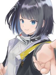  1girl arknights arknights:_endfield black_hair black_jacket blue_eyes blue_hair closed_mouth colored_inner_hair commentary_request dated drp_skp endministrator_(arknights) female_endministrator_(arknights) fingernails grey_sweater hair_ornament highres jacket looking_at_viewer multicolored_hair outstretched_hand ribbed_sweater short_hair simple_background smile solo sweater twitter_username upper_body watermark white_background zipper zipper_pull_tab 