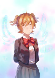  1girl ^_^ absurdres bad_id bad_pixiv_id ben-day_dots blonde_hair blue_background blush bow bowtie closed_eyes closed_mouth collared_shirt colorful_background commentary cowboy_shot cowlick daiba_nana drawn_wings facing_viewer green_ribbon grey_jacket grey_skirt hair_between_eyes hair_ribbon highres jacket long_sleeves open_clothes open_jacket pleated_skirt purple_background red_bow red_bowtie ribbon school_uniform screentones seisho_music_academy_school_uniform shirt shirt_tucked_in short_hair shoujo_kageki_revue_starlight skirt smile solo standing two_side_up walluka white_background white_shirt 