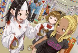  2others 3boys 6+girls :d absurdres arrow_(symbol) black_hair black_pants black_shirt black_skirt blonde_hair blue_shirt bow breasts brown_eyes brown_hair brown_shirt closed_mouth clothes_writing collared_shirt commentary_request dress_shirt dutch_angle eye_contact fake_blood forehead highres himemiya_yuki holding ichinose_karina indoors japanese_clothes kimono long_hair looking_at_another manemane_nichinichi medium_breasts multiple_boys multiple_girls multiple_others nagisa_akane pants pleated_skirt ponytail red_bow school_uniform shiroshouzoku shirt skirt smile tan tape translation_request triangular_headpiece white_kimono white_shirt yamamoto_souichirou 