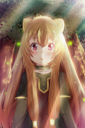  1girl animal_ear_fluff animal_ears black_dress blush brown_hair child closed_mouth collar collarbone commentary_typo dress english_commentary forest grey_dress hair_between_eyes hair_tubes highres layered_dress light_particles light_rays long_hair long_sleeves looking_at_viewer messy_hair metal_collar metal_hair_tubes mixed-language_commentary nature outdoors pink_eyes pinstripe_dress pinstripe_pattern raccoon_ears raccoon_girl raphtalia raphtalia_(young) red_dress sawatan_(euphoria_winter) short_sleeves smile solo straight-on tate_no_yuusha_no_nariagari two-tone_dress upper_body 