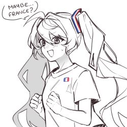  1girl 2026_fifa_world_cup :d ahoge cheering clenched_hands commentary english_text flag_print french_commentary french_flag french_flag_print hair_between_eyes hatsune_miku highres long_hair nervous nervous_smile nervous_sweating open_mouth partially_colored shirayuki_banana shirt short_sleeves simple_background small_sweatdrop smile solo speech_bubble sweat t-shirt twintails upper_body v-shaped_eyebrows vocaloid white_background world_cup 