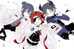  3boys :d :q aged_down belt belt_boots black_belt black_boots black_choker black_gloves black_necktie black_shirt black_shorts black_streaks blue_shirt boots child choker closed_mouth collared_shirt cross curled_fingers curled_horns curtained_hair demon_boy demon_horns demon_tail dirty dirty_clothes dreonya earrings ensemble_stars! eyepatch fang glasses gloves green_eyes grey_shirt grin hair_between_eyes hair_intakes halloween_costume hasumi_keito highres horns iron_cross jewelry kanzaki_souma kiryu_kuro knee_boots knees_together_feet_apart lab_coat long_hair long_sleeves looking_at_viewer male_focus medical_scrubs motoyui multicolored_hair multiple_boys multiple_earrings necktie no_pupils official_alternate_costume outstretched_arm oversized_clothes parted_bangs ponytail purple_hair red_eyes shirt shirt_belt short_ponytail shorts simple_background single_glove sleeves_past_fingers sleeves_past_wrists smile spiky_hair stitched_face stitched_leg stitches streaked_hair tail tongue tongue_out underdoctor_(ensemble_stars!) v-shaped_eyebrows violet_eyes white_background white_belt white_shorts 