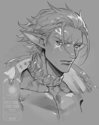  1boy azaya_(kuroi_azaya) dark_skin elezen elf facial_mark final_fantasy final_fantasy_xiv grey_background greyscale hair_slicked_back jewelry looking_at_viewer male_focus monochrome muscular muscular_male pointy_ears scar sketch tattoo the_tyrant_(ff14) upper_body 