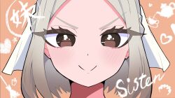  1girl brown_eyes commentary_request english_text forehead gea80422 grey_hair half_updo heart highres kimi_no_koto_ga_dai_dai_dai_dai_daisuki_na_100-nin_no_kanojo light_blush looking_at_viewer meido_mai parody parted_bangs portrait short_hair simple_background smile solo straight-on style_parody v-shaped_eyebrows veil 