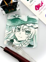  1girl absurdres alto2019 art_tools_in_frame artist_name bow braid closed_mouth commentary_request hair_bow hat hat_bow highres kirisame_marisa long_hair monochrome photo_(medium) portrait side_braid single_braid smile solo touhou traditional_media vest witch_hat 