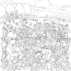  >_< 2girls 3boys ahoge alcremie alcremie_(berry_sweet) alcremie_(clover_sweet) alcremie_(flower_sweet) alcremie_(love_sweet) alcremie_(ribbon_sweet) alcremie_(star_sweet) alcremie_(strawberry_sweet) asymmetrical_bangs bags_under_eyes beanie bede_(pokemon) boots building cable_knit chalk chalkboard character_name choker closed_eyes closed_mouth clouds commentary cup dress english_commentary english_text eyelashes fanarting_curry fingernails fur-trimmed_jacket fur_trim gloria_(pokemon) grass greyscale hands_on_own_knees hat highres holding holding_chalk hop_(pokemon) jacket kneeling long_sleeves lying marnie_(pokemon) milcery monochrome morpeko multiple_boys multiple_girls on_side open_mouth outdoors pants poke_ball pokemon pokemon_sword_and_shield pom_pom_(clothes) rock shaded_face shirt shoes short_hair sinistea sky smile socks sweat tally tam_o'_shanter teacup tree twintails undercut v-neck v-shaped_eyebrows victor_(pokemon) 