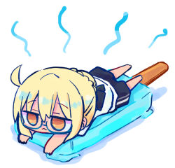  1girl :< artoria_pendragon_(fate) barefoot black_shorts blonde_hair blue-framed_eyewear braid brown_eyes chibi closed_mouth commentary_request fate/grand_order fate_(series) food glasses hair_between_eyes hair_bun in_food kasuga_yuuki lying mysterious_heroine_x_alter_(fate) on_stomach popsicle semi-rimless_eyewear shadow shirt short_sleeves shorts simple_background solo under-rim_eyewear white_background white_shirt 