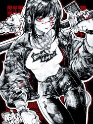  1girl black_choker black_hair black_jacket black_pants bracelet chainsaw_man choker clothes_writing collar ear_piercing earrings fashion highres holding holding_sword holding_weapon jacket jewelry kachihoko long_hair nail_polish pants piercing red_nails ringed_eyes scar scar_on_cheek scar_on_face scar_on_nose shirt solo spiked_bracelet spiked_collar spikes sword weapon white_shirt yoru_(chainsaw_man) 