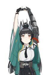  1girl animal_ear_fluff animal_ears aqua_jacket arms_up black_hair black_necktie black_skirt blush closed_mouth commentary_request fingerless_gloves fox_ears fox_girl gauntlets gloves high-waist_skirt highres hoshimi_miyabi jacket long_hair looking_up necktie potyaskeleton red_eyes shirt simple_background single_fingerless_glove single_gauntlet skirt solo stretching tailless_(zenless_zone_zero) upper_body white_background white_shirt zenless_zone_zero 