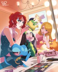  absurdres applying_makeup applying_own_makeup artist_name billie_eilish bird black_hair blonde_hair blue_eyes blue_eyeshadow browt chappell_roan chappell_roan_(person) clothed_pokemon dog east-west_crossover eyeshadow gecko gecqua green_hair hand_mirror highres indoors lipstick looking_at_mirror makeup mirror pokemon pokemon_(creature) pokemon_winds_and_waves pombon pomeranian_(dog) real_life red_hair sabrina_carpenter startboii starter_pokemon_trio table tiara trait_connection vanity_table 