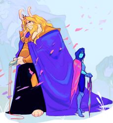  1boy 1other adoptive_parent_and_adoptive_child armor asgore_dreemurr asgore_dreemurr_(dark_world) beard blonde_hair blue_hair blue_skin cape claws closed_mouth colored_skin crazycomet107 deltarune english_commentary facial_hair falling_petals floppy_ears furry furry_male goat_horns gold_armor highres holding holding_paper holding_sword holding_weapon horns kris_(dark_world)_(deltarune) kris_(deltarune) looking_at_another paper parent_and_child petals pink_cape purple_cape red_eyes sword utdr_(toby_fox) weapon white_fur 