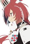  animal_ears arknights armor bangs closed_mouth commentary_request flametail_(arknights) hair_between_eyes highres long_hair looking_away pauldrons red_eyes redhead shoulder_armor simple_background smile tetuw upper_body white_background 