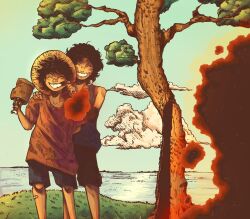  2boys ^_^ arm_behind_back bandaid bandaid_on_cheek bandaid_on_face bandaid_on_leg behind_another black_hair black_shorts blue_shorts blue_sky blue_tank_top blush boned_meat brothers burning cheek_pinching child choppy_bangs closed_eyes clouds collarbone commentary crosshatching curtained_hair english_commentary facing_viewer feet_out_of_frame food freckles grin hand_on_another's_shoulder hand_up hands_up hat hatching_(texture) highres holding holding_food linear_hatching male_focus meat messy_hair monkey_d._luffy multiple_boys ocean one_piece outdoors parted_bangs photo_(object) pinching portgas_d._ace red_shirt scar scar_on_cheek scar_on_face seraphonyy shadow shirt short_hair short_sleeves shorts siblings sidelighting sky smile standing straw_hat tank_top 