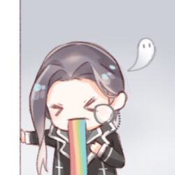  >_< 1boy asymmetrical_bangs black_coat black_hair blush_stickers chain chibi chinese_commentary coat collared_coat commentary_request cross cross_print forehead giving_up_the_ghost gradient_hair grey-framed_eyewear grey_background hand_on_own_chest hand_on_wall interruption_(echo-023) lapels layered_sleeves long_sleeves lowres male_focus monocle multicolored_hair nightbane_(shining_nikki) nikki_(series) notched_lapels open_mouth print_coat round_eyewear shining_nikki solo upper_body v-shaped_eyebrows vomiting_rainbows 