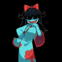  1girl aqua_(deltarune) aqua_dress aqua_kimono aqua_skin arrohzslash black_background black_hair blunt_bangs bow china_dress chinese_clothes colored_skin commentary covered_eyes deltarune dress english_commentary fang floral_print flower hair_bow hair_over_eyes hair_wings head_bow highres japanese_clothes kimono red_bow red_flower shaded_face sleeves_past_wrists solo utdr_(toby_fox) 