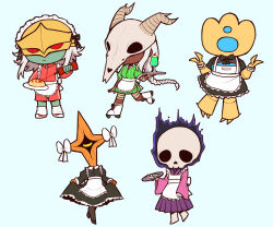  1other 2boys 2girls absurdres aki_(xdd) animal_skull apron bad_id bad_pixiv_id blue_background blue_eyes braid breasts chibi closed_mouth colored_skin cyclops dango dark-skinned_female dark_skin double_v english_text fire flaming_head flaming_skull food green_skin helmet highres holding holding_tray light_frown medium_breasts multiple_boys multiple_girls one-eyed red_eyes roller_skates simple_background single_braid skates skull skull_on_head slay_the_spire slay_the_spire_2 solid_eyes the_defect_(slay_the_spire) the_ironclad_(slay_the_spire) the_necrobinder_(slay_the_spire) the_regent_(slay_the_spire) the_silent_(slay_the_spire) tray v wagashi waitress white_hair 