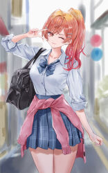 1girl ;) absurdres ahoge bag black_bag blue_bow blue_bowtie blue_skirt bow bowtie cardigan cardigan_around_waist closed_mouth clothes_around_waist collared_shirt commentary dhbwinner gradient_hair hair_ornament hairclip hand_up highres hololive hololive_dev_is ichijou_ririka long_hair looking_at_viewer miniskirt multicolored_hair one_eye_closed orange_eyes orange_hair outdoors pink_hair pleated_skirt school_bag shirt shirt_tucked_in skirt smile solo swept_bangs three-quarter_sleeves v white_shirt 