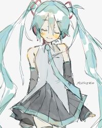  1girl aqua_hair aqua_necktie artist_name black_sleeves closed_eyes detached_sleeves grey_shirt hatsune_miku headphones headset highres long_hair mlesczko necktie shirt simple_background sleeveless sleeveless_shirt solo twintails very_long_hair vocaloid white_background 