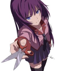  1girl absurdres black_thighhighs blue_eyes cain20 closed_mouth commentary expressionless from_above hair_between_eyes hair_over_shoulder highres holding holding_scissors long_hair long_sleeves looking_at_viewer looking_up monogatari_(series) naoetsu_high_school_uniform necktie pink_shirt pleated_skirt purple_hair purple_necktie purple_skirt reaching reaching_towards_viewer school_uniform scissors senjougahara_hitagi shirt sidelocks signature simple_background skirt solo standing stationery thigh-highs untranslatable_commentary white_background zettai_ryouiki 