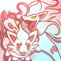  artist_name claws commentary drop_shadow english_commentary evolutionary_line fangs highres hisuian_zoroark hisuian_zorua jamiewilsondraws open_mouth pokemon pokemon_(creature) pokemon_focus red_eyes slit_pupils smile yellow_pupils 