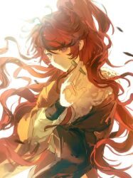  1girl absurdres black_hair black_hanfu blue_eyes chinese_clothes chinese_commentary closed_mouth commentary_request expressionless fur_trim genderswap genderswap_(mtf) hair_between_eyes hanfu highres holding holding_leaf leaf liningne long_hair long_sleeves multicolored_hair ponytail red_hair simple_background streaked_hair sumino_takumi the_hundred_line_-last_defense_academy- two-tone_hair upper_body white_background wide_sleeves 