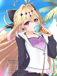  1girl beach bikini black_bikini blonde_hair blue_sky bodysuit breasts clouds cure_arcana_shadow day diamond_hairband diving_suit food hair_intakes highres holding holding_food holding_ice_cream ice_cream ice_cream_cone kumakotoy long_hair looking_at_viewer meitantei_precure! moria_luluka open_wetsuit outdoors palm_tree precure see-through_clothes sky solo swimsuit tree very_long_hair violet_eyes wetsuit 