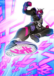  1boy absurdres clenched_hands commentary_request highres kamen_rider kamen_rider_zi-o kamen_rider_zi-o_(series) looking_at_viewer male_focus parashima_tenko rider_belt rider_kick solo tokusatsu translation_request zi-o_ridewatch 