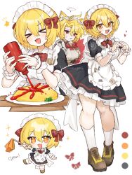  >_< :3 :d ahoge alternate_costume apron badge bell black_overskirt black_shirt blonde_hair bob_cut bottle bow bowtie breasts brown_shoes chain chibi chibi_inset collared_shirt color_guide commentary contrast_collar curtained_hair don_quixote_(project_moon) dot_nose dual_persona duster english_text food frilled_skirt frills full_body furrowed_brow gold_chain hair_between_eyes hair_bow hands_up heart highres holding holding_bottle holding_duster ketchup_bottle knees large_breasts leg_up limbus_company maid maid_apron maid_headdress multiple_views neck_bell omelet omurice open_mouth parted_lips pigeon-toed plate project_moon puffy_short_sleeves puffy_sleeves red_bow red_bowtie red_shawl ro/ku sancho_(project_moon) shawl shirt shoes short_sleeves side_part sideways_glance simple_background skirt smile socks sparkle sweatdrop thighs v-shaped_eyebrows waist_bow white_apron white_background white_bow white_headdress white_shirt white_skirt white_socks 