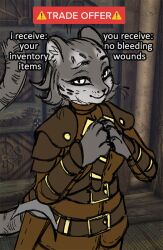  1girl animal_ears armor belt brown_belt brown_jacket brown_pants cat_ears cat_girl cat_tail closed_mouth commentary english_commentary english_text frosya_the_khajiit furry furry_female game_screenshot_background grey_tail hands_up jacket khajiit kmnsaur looking_at_viewer meme multiple_belts original own_hands_together pants scabbard screenshot_background sheath shoulder_armor smile snout solo tail tail_raised the_elder_scrolls the_elder_scrolls_v:_skyrim trade_offer_(meme) vambraces whiskers white_eyes wooden_wall 