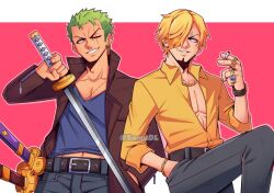  2boys blonde_hair bracelet brown_jacket chain cigarette collared_shirt commentary curly_eyebrows green_hair hair_over_one_eye hand_in_pocket holding holding_cigarette holding_sword holding_weapon jacket jewelry male_focus multiple_boys one_eye_closed one_piece pink_background ring roronoa_zoro samu_(samudl) sanji_(one_piece) scar scar_across_eye scar_on_face shirt short_hair smile stitched_torso stitches sword weapon yellow_shirt 