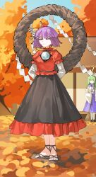  2girls ? autumn autumn_leaves broom brown_sandals brown_skirt chinese_commentary collared_shirt commentary_request detached_sleeves facing_viewer frilled_skirt frills frog_hair_ornament full_body green_eyes green_hair hair_ornament hair_tubes highres holding holding_broom kochiya_sanae kori_morri layered_sleeves leaf leaf_hair_ornament long_hair long_sleeves maple_leaf mirror multiple_girls outdoors purple_hair purple_skirt rope sandals shide shimenawa shirt short_hair short_over_long_sleeves short_sleeves single_hair_tube skirt sleeping sleeveless sleeveless_shirt snake_hair_ornament solo_focus toes touhou white_shirt yasaka_kanako zzz 