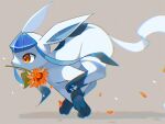  absurdres chromatic_aberration falling_petals flower from_side glaceon highres kashiwa_gnu mouth_hold no_humans orange_flower petals pokemon pokemon_(creature) red_eyes running solo twitter_username watermark 