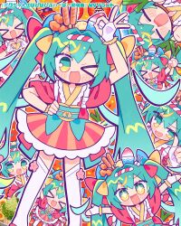  >_< >_o 1girl :d ;d absurdres arm_up blue_sash blush closed_eyes commentary_request corn_dog double-parted_bangs feet_out_of_frame fingerless_gloves frilled_kimono frills gloves green_eyes green_hair hair_between_eyes hair_intakes hatsune_miku highres japanese_clothes kimono kimono_dress long_hair looking_at_viewer multiple_views obi ok_sign one_eye_closed open_mouth red_kimono richard_(richaball) sash short_sleeves sidelocks smile standing thigh-highs v-shaped_eyebrows very_long_hair vocaloid white_gloves white_thighhighs xd 