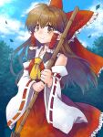  1girl ascot bangs blue_sky bow broom brown_eyes brown_hair closed_mouth clouds detached_sleeves hair_bow hair_tubes hakurei_reimu highres holding holding_broom leaf long_hair looking_at_viewer mimi_(ikrptppt) outdoors red_bow red_shirt red_skirt ribbon-trimmed_sleeves ribbon_trim shirt sidelocks skirt sky smile solo touhou wide_sleeves yellow_ascot 